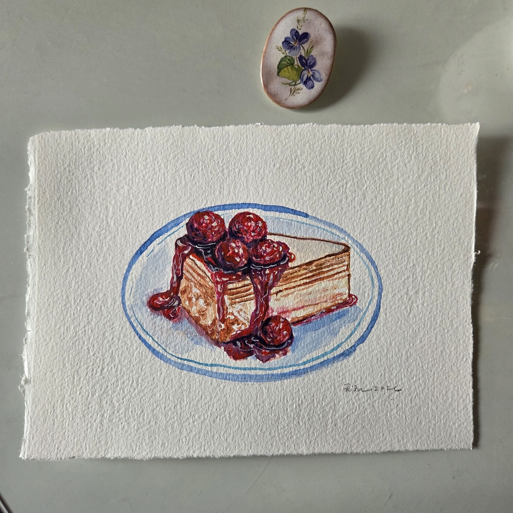 Original Watercolour Painting Of Berry Cheesecake Watercolor Art